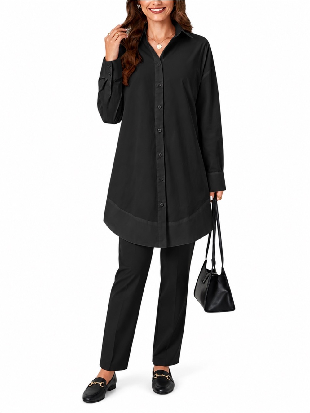 Black Oversized Button Down Tunic Mini Dress Long Sleeve Lagenlook 100% Cotton